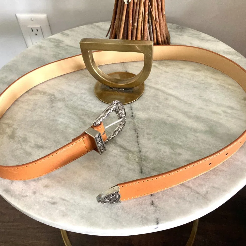 Western Belt Vintage Vegan Leather Camel Brown - Picture 2 of 8